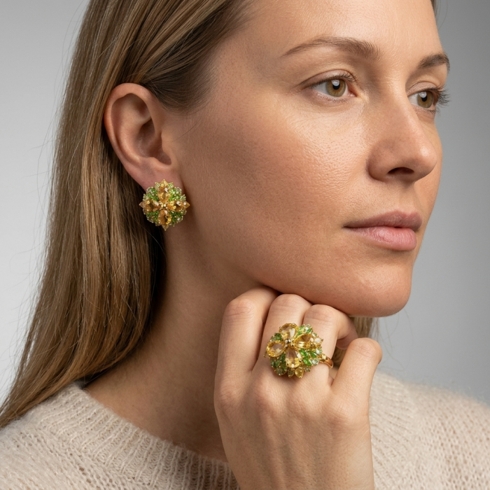 Victoria Authentic - Natural 10.2 carat Brazilian Citrine .925 Sterling Silver dipped in 18K Gold handmade Statement Ring size 8 1/4 - Side view of Victoria Authentic earrings and ring worn on hand.