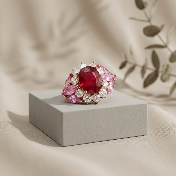 Bella Rosa Genuine 8.8 carat Kasmir Ruby .925 Sterling Silver dipped in 22K Rose Gold Statement Ring size 7 1/2 - Close-up of Bella Rosa 8.8 carat Kasmir Ruby ring on display block.