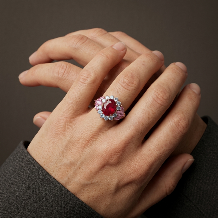 Bella Rosa Genuine 8.8 carat Kasmir Ruby .925 Sterling Silver dipped in 22K Rose Gold Statement Ring size 7 1/2 - Ruby ring worn on hand, showcasing stones and design.