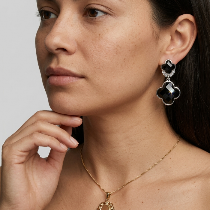 Alessandra 22.5 carat Champagne Smoky Topaz .925 Sterling Silver handmade Earrings - Side view of Alessandra earrings worn, featuring smoky topaz stones.