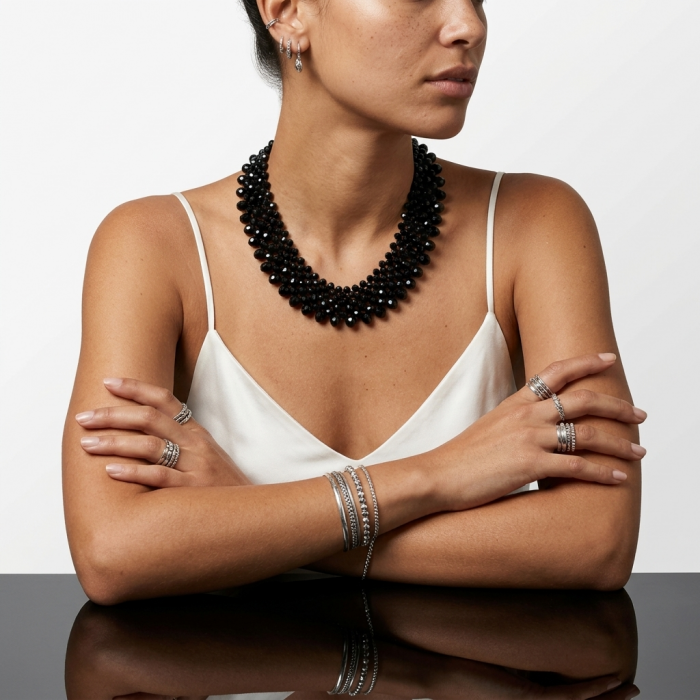 Rachel 250 carat Authentic Onyx .925 Sterling Silver handmade Necklace - Woman wearing Rachel Onyx necklace and sterling silver jewelry, front view.