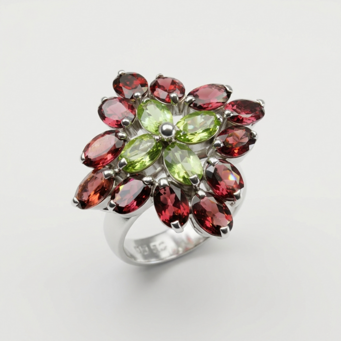 Royalty 15.8 carat authentic Himalayan Peridot Garnet .925 Sterling Silver Handcrafted Statement Ring size 8 - Top view of silver ring with green and red gemstones.