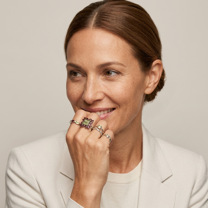 Royalty 15.8 carat authentic Himalayan Peridot Garnet .925 Sterling Silver Handcrafted Statement Ring size 8 - Woman wearing Royalty 15.8 carat Himalayan Peridot Garnet ring.