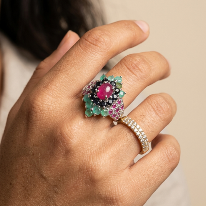 Real Beauty Natural 8.4 carat Ruby .925 Sterling Silver handmade Statement Ring size 7 - Large ruby ring on hand, top view showing details and adjacent band.