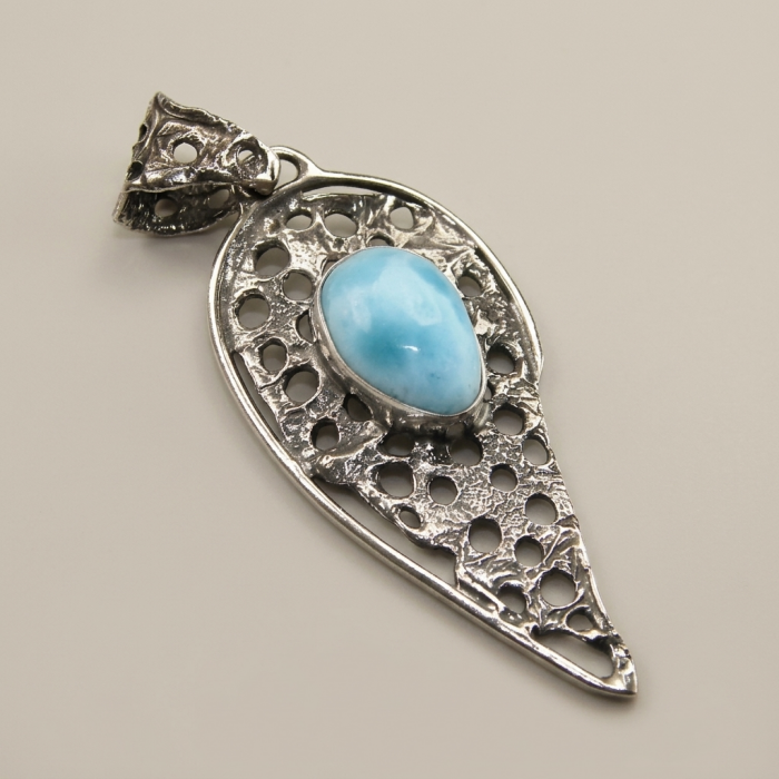 The best quality Natural Larimar from Dominican Republic .925 Sterling Silver handcrafted pendant - Silver pendant with Larimar stone, top view