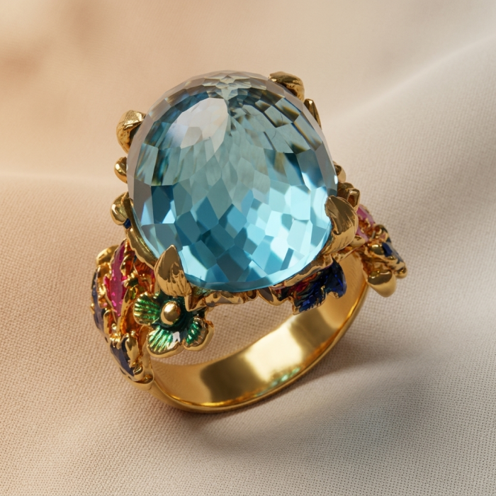 Pacifica - Authentic Fancy Rose cut 44.5 carat Swiss Blue Topaz Enamel 22K Gold over .925 Sterling Silver handcrafted Large Statement ring size 7 1/4 - Side view of a ring with large Swiss Blue gemstone and floral accents.