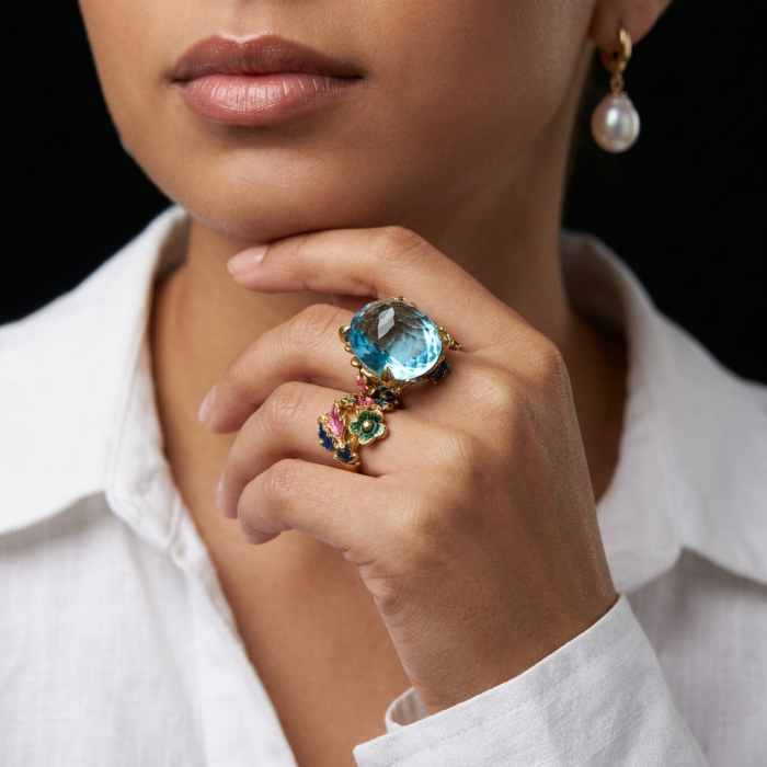 Pacifica - Authentic Fancy Rose cut 44.5 carat Swiss Blue Topaz Enamel 22K Gold over .925 Sterling Silver handcrafted Large Statement ring size 7 1/4 - Worn on hand: 44.5 carat Swiss Blue stone ring with floral accents.