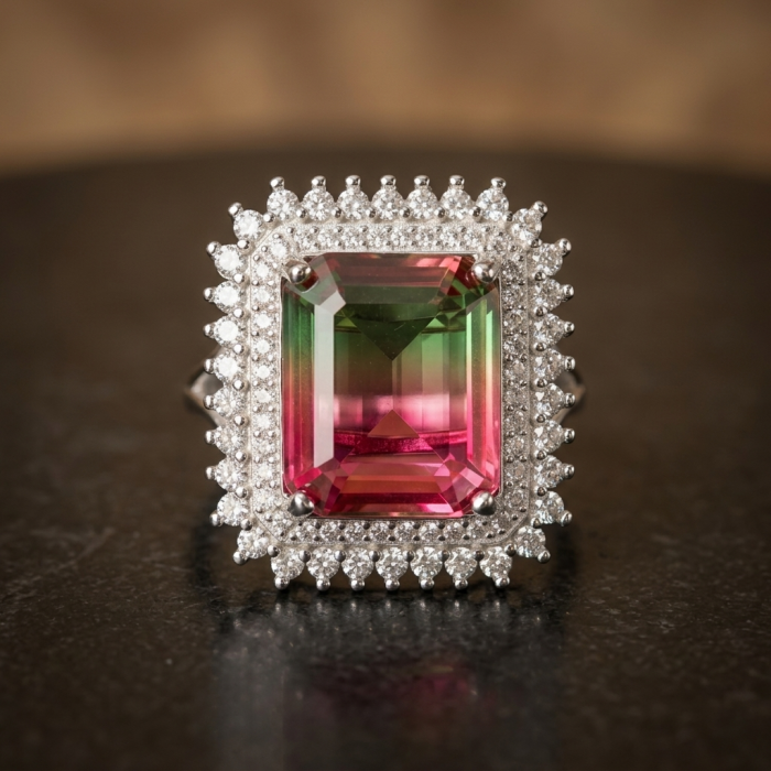 Bella Rosa Natural 10.8 carat Pink Topaz .925 Sterling Silver handmade Statement Ring size 7 - Stone close-up of Bella Rosa 10.8 carat Pink Topaz with diamond halo