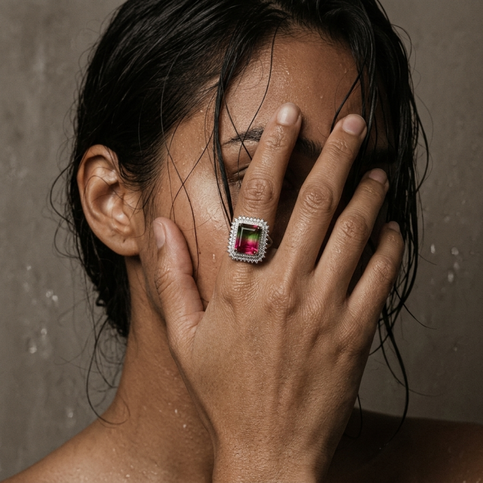 Bella Rosa Natural 10.8 carat Pink Topaz .925 Sterling Silver handmade Statement Ring size 7 - Ring worn on hand, close-up of 10.8 carat pink topaz stone and setting