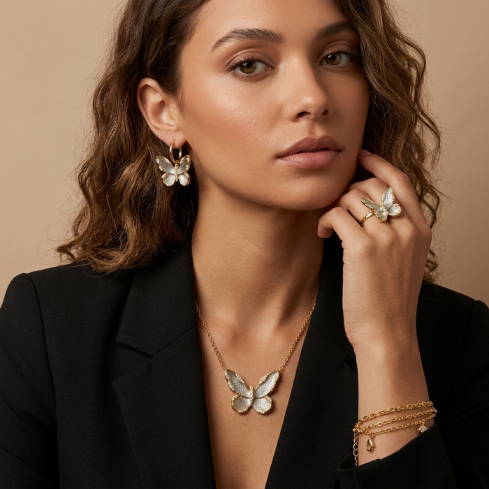 Golden Butterfly White Topaz highly polished 18K Gold over .925 Sterling Silver Italy made Earrings - Model wearing Golden Butterfly jewelry set, front view.