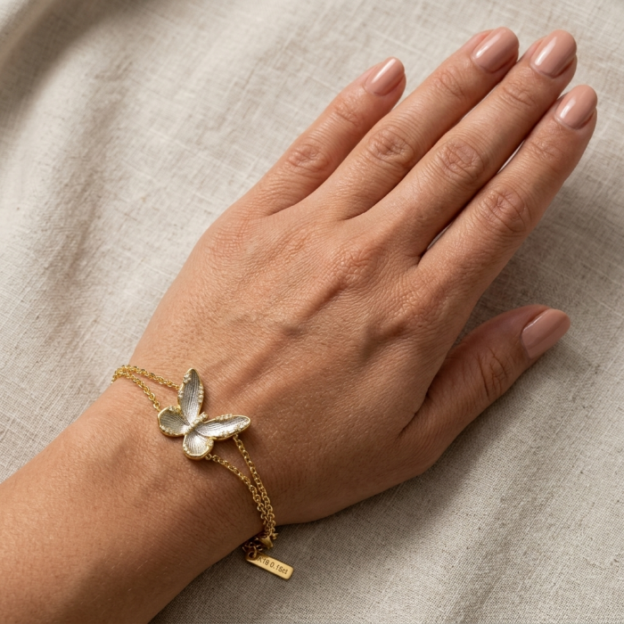 Golden Butterfly White Topaz highly polished 18K Gold over .925 Sterling Silver Italy made bracelet - Butterfly bracelet with white topaz, worn on hand, gold chain detail