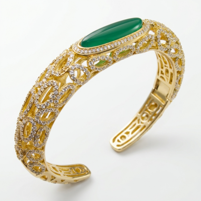Luxurious Genuine 11.5 carat Jade 18K Gold over .925 Sterling Silver handmade Bracelet - Intricate gold bracelet with jade stone, side angle view.