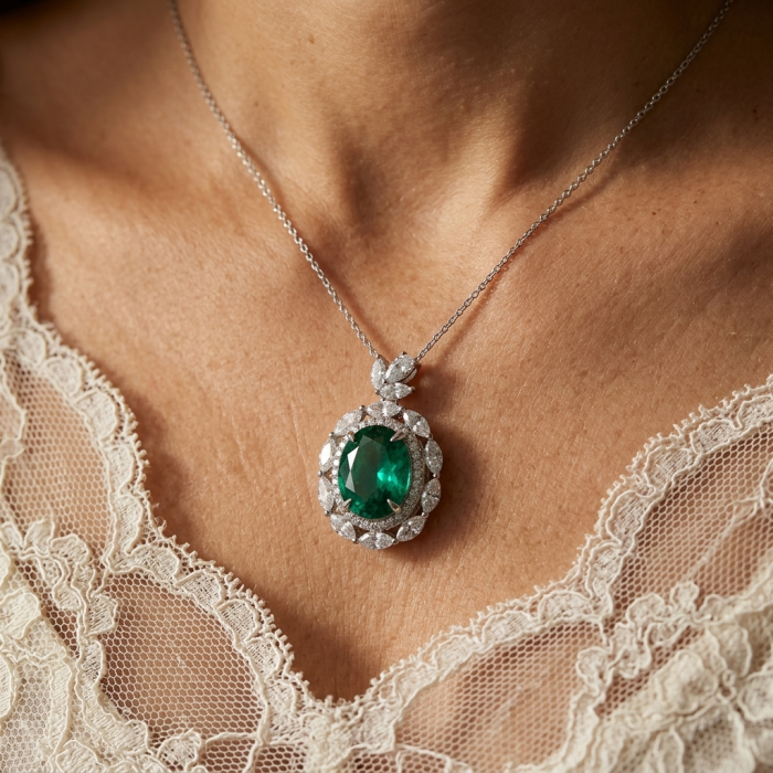 Heirloom authentic 17.9 carat Colombian Emerald .925 Sterling Silver handcrafted Statement necklace - Emerald pendant necklace worn on neck, lace top visible