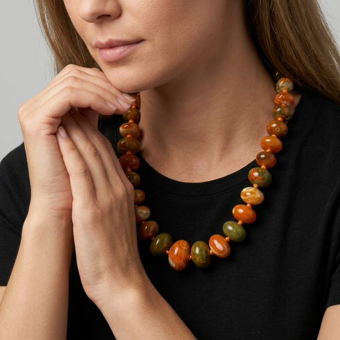 Top quality Rare Unusual Natural Mookiate .925 Sterling Silver Necklace - Close-up of carnelian agate necklace worn around neck.