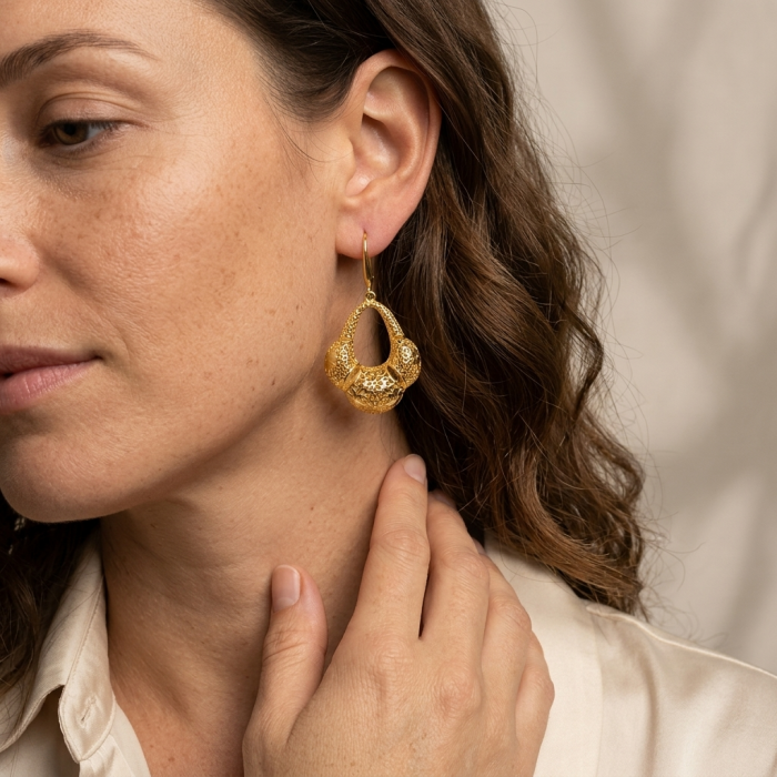 Black Label Collection - Dubai Style - Natural 22K Gold over .925 Sterling Silver handmade earrings - Side view of earring from Black Label Collection worn on person.