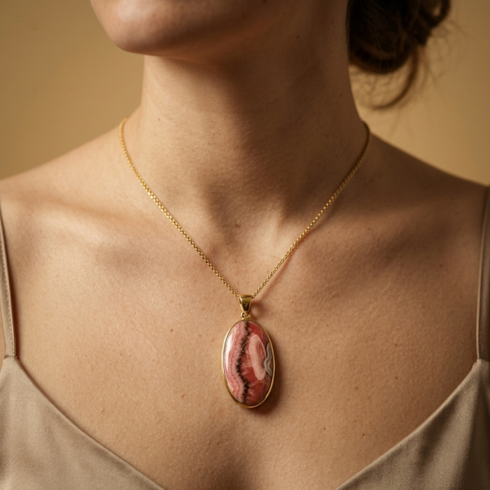 Genuine Argentinian Rhodochrosite .925 Sterling Silver handmade Pendant - Close-up of Argentinian Rhodochrosite pendant on model's neck.