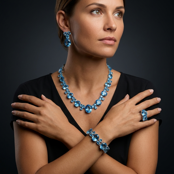 Pure Serenity 225.5 carat genuine Swiss Blue Topaz .925 Sterling Silver handmade Large Statement Necklace; 132.95 grams - Woman wearing Pure Serenity Swiss Blue Topaz necklace, earrings, bracelet.