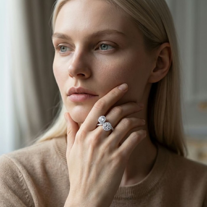 Aphrodite - 3.6 carat White Topaz .925 Sterling Silver handcrafted ring size 7 1/4 - Woman wearing Aphrodite ring, close-up on hand and stone detail.