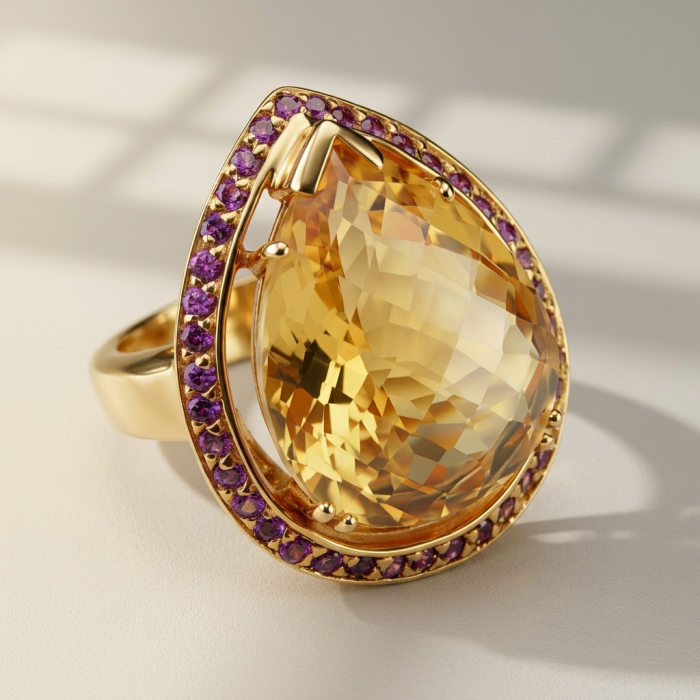 Vivien - Natural 25.8 carat pear cut BRAZILIAN Citrine .925 Sterling Silver dipped in 22K Gold handmade Statement Ring size 7 1/4 - Close-up of ring with pear-cut Brazilian citrine and purple accents
