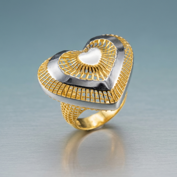Dubai Style - Golden Heart .925 Sterling Silver dipped in 22K Gold handmade Large ring size 7 - Heart-shaped ring, side view; gold and silver details.