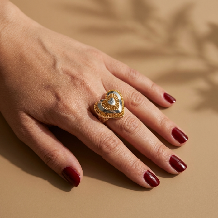 Dubai Style - Golden Heart .925 Sterling Silver dipped in 22K Gold handmade Large ring size 7 - Golden heart ring on hand with burgundy nails, top view.