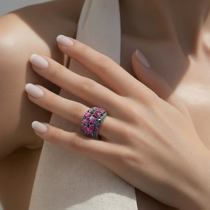 Bella Rosa Genuine 22.8 carat Ruby .925 Sterling Silver dipped in black rhodium Statement Ring size 9 - Ruby ring worn on hand, front view close-up.