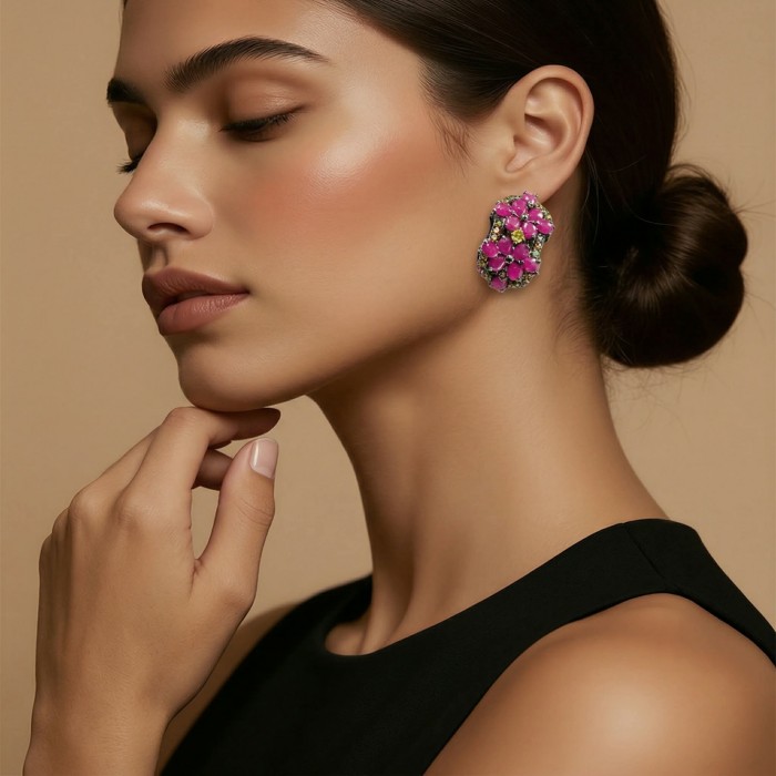 Bella Rosa Genuine 22.8 carat Ruby .925 Sterling Silver dipped in black rhodium Statement brilliantly handcrafted earrings - Side view of Bella Rosa Ruby earrings worn on model.