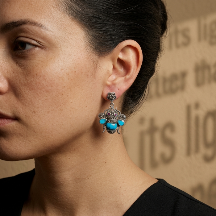 Blue Bees inlay Turquoise Ruby Marcasite .925 Sterling Silver Handcrafted earrings - Side view of Blue Bees turquoise and ruby earrings worn on ear.