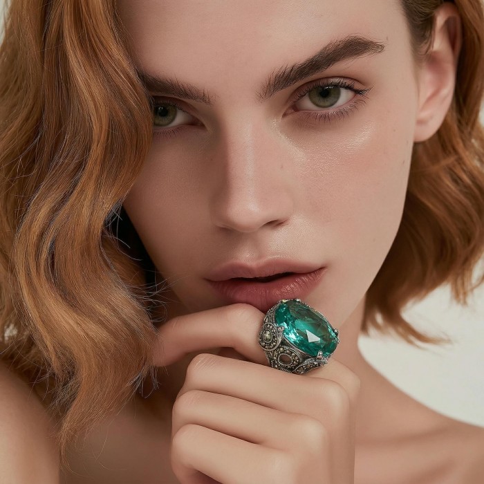 Massive Deep Blue 37.8 carat Aquamarine .925 Sterling Silver handcrafted Large ring size 7 - Close-up of aquamarine ring on a woman's hand.