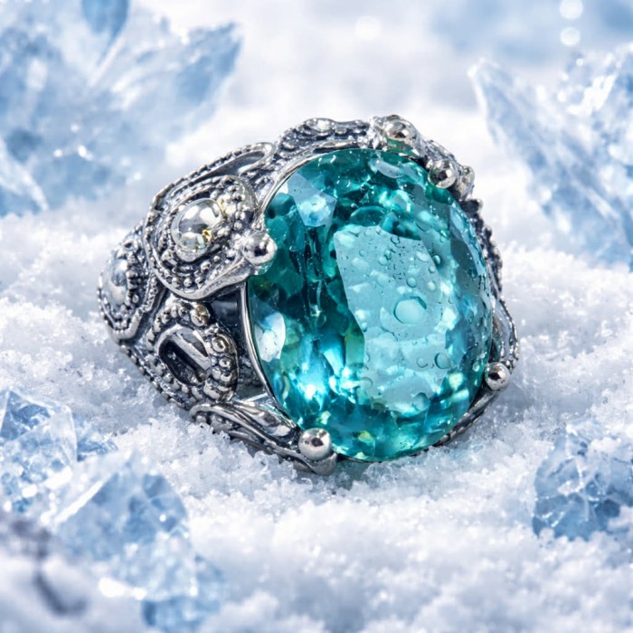 Massive Deep Blue 37.8 carat Aquamarine .925 Sterling Silver handcrafted Large ring size 7 - Close-up of massive deep blue aquamarine ring on snow.
