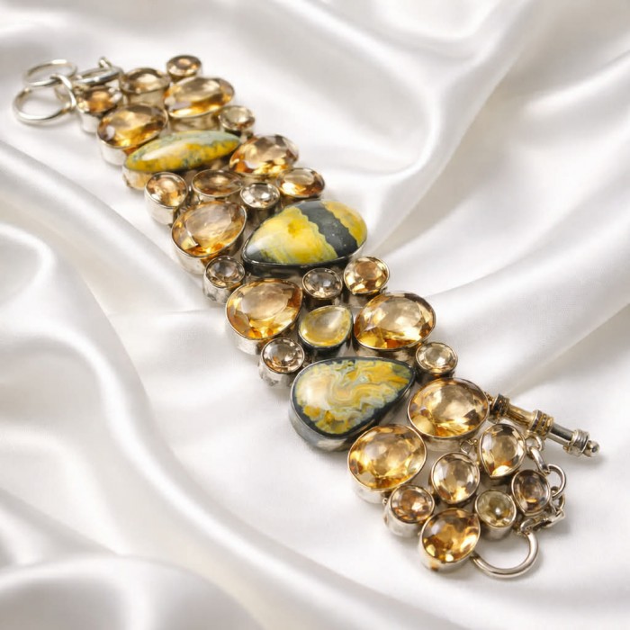Rare! Genuine Volcanic Bumble Bee Jasper .925 Sterling Silver handcrafted Statement Bracelet - Top view of Bumble Bee Jasper bracelet on satin background.