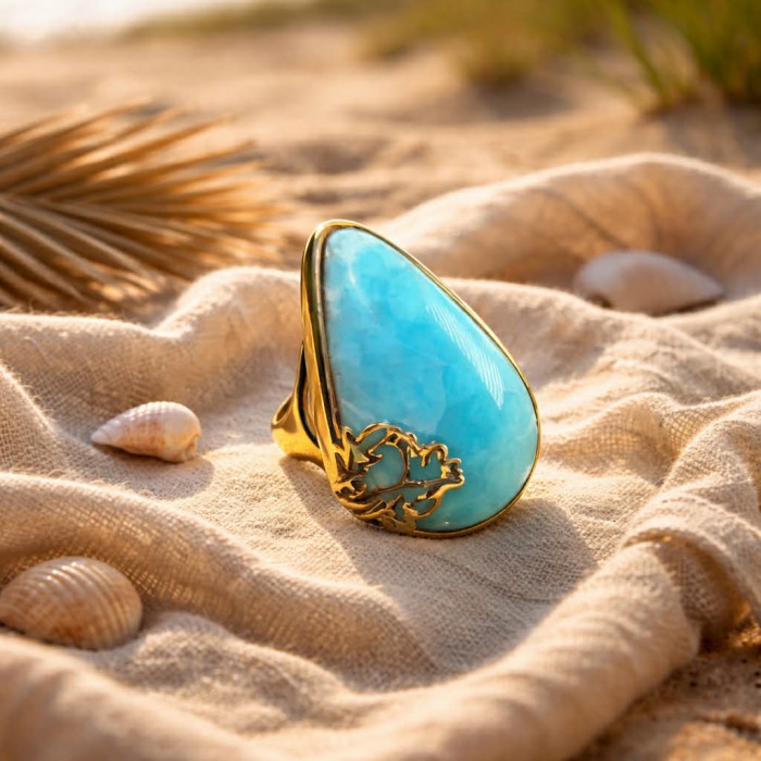 Blue Perfection Top QUALITY Blue Larimar 18K Gold over .925 Sterling Silver handmade Large ring size 8 1/4 - Blue Larimar ring in gold setting on sand with seashells, side view.