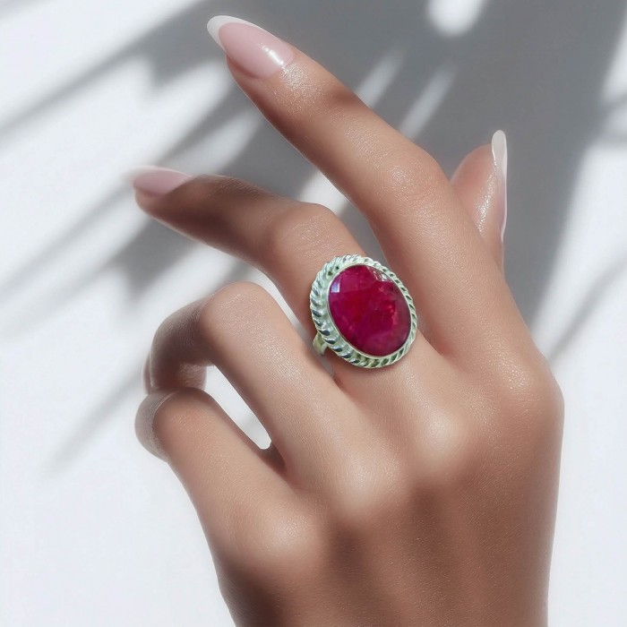 Authentic Ruby .925 Sterling Silver brilliantly handcrafted ring s. 8 1/4 - Ruby ring on hand, showcasing stone and silver craftsmanship.