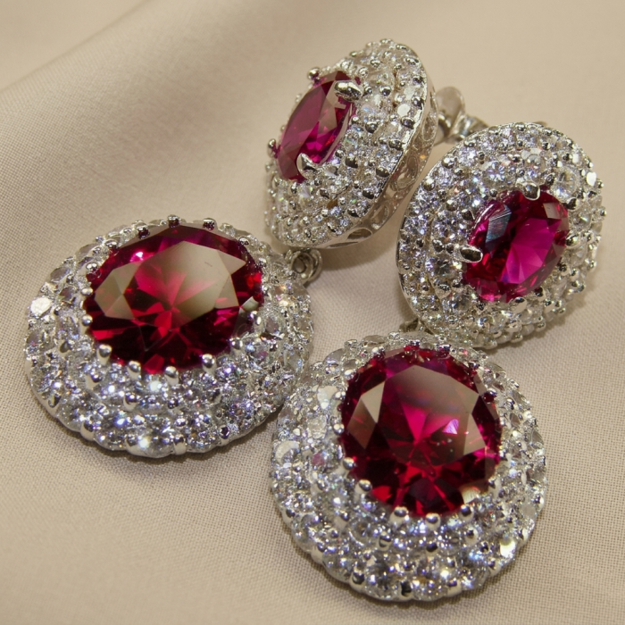 Luxurious natural 10.5 carat Red Topaz .925 Sterling Silver Perfectly handcrafted Earrings - Close-up of red topaz earrings in .925 sterling silver setting