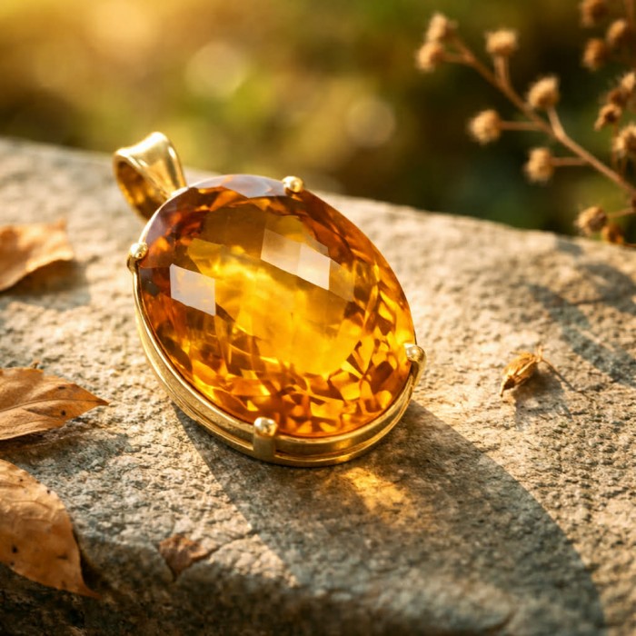Luxury genuine 39.7 CARAT oval cut Champagne Topaz .925 Sterling Silver dipped in 22K Gold handmade Pendant - Close-up of 39.7 carat oval cut champagne topaz pendant on stone
