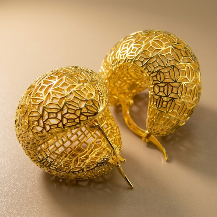 Dubai Style - Golden Flowers .925 Sterling Silver dipped in 22K Gold handmade Large Earrings - Close-up of Dubai Style golden floral earrings, side view.