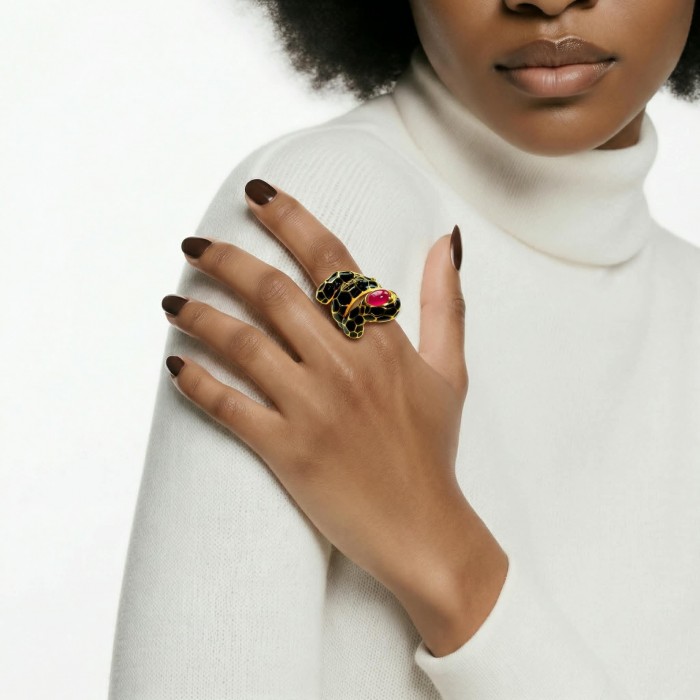 Red Snake Ruby black Enamel 18K Gold over .925 Sterling Silver Huge handcrafted Ring s. 7 - Red Snake Ruby ring on hand, black enamel, gold accents detail.