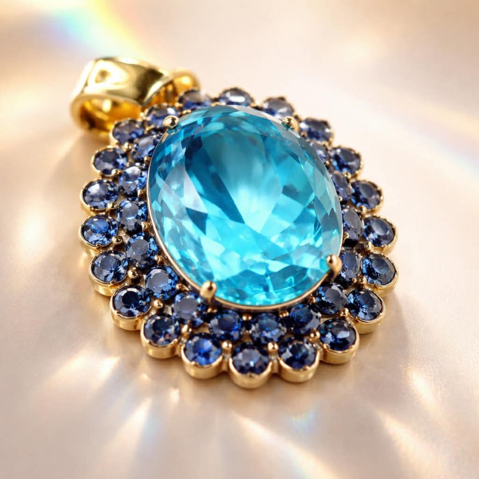 Vintage style oval cut 26.8 carat Swiss Blue Topaz .925 Sterling Silver DIPPED IN 22K Gold handmade Pendant - Close-up of vintage oval cut blue topaz pendant with sapphires.