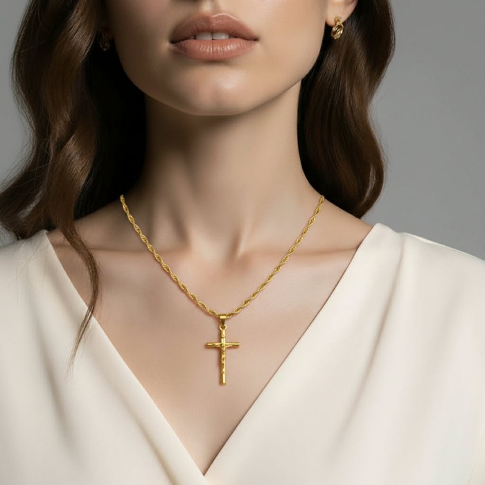 Precious Cross Genuine 14K Gold over .925 Sterling Silver handmade necklace - Gold cross necklace on model, close-up view, front angle.