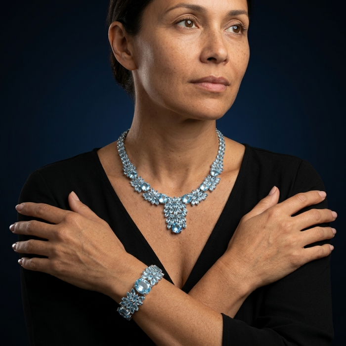 Pacifica 105.5 carat Swiss Blue Topaz .925 Sterling Silver handmade Statement Bracelet - Model wearing Pacifica Swiss Blue Topaz necklace and bracelet set.