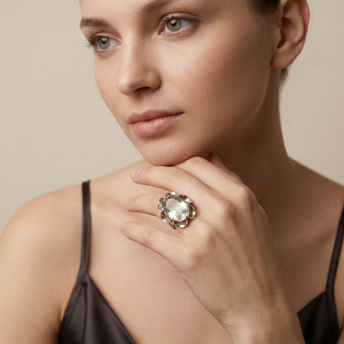Natural 10.6 carat Green Amethyst .925 Sterling Silver ring size 5 3/4 - Woman wearing natural green amethyst sterling silver ring on hand.