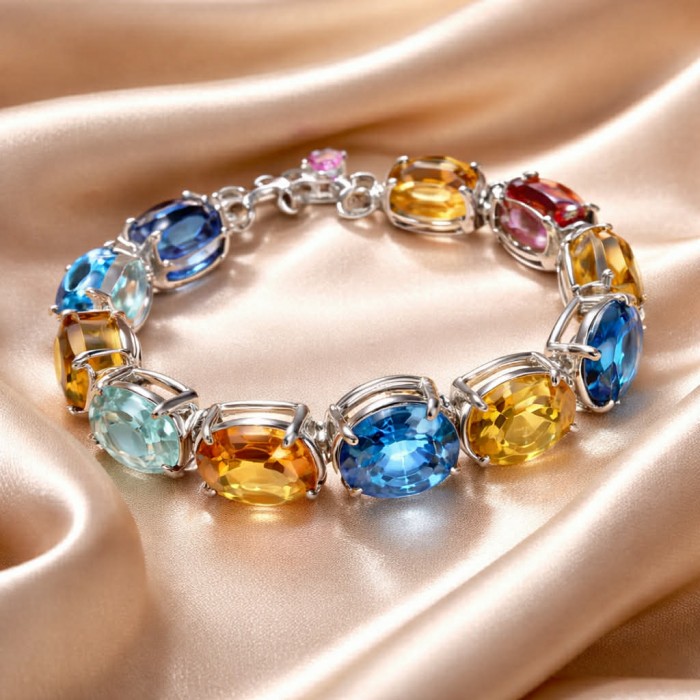 Tutti Frutti 65.5 CARAT MUTIGEM .925 Sterling Silver brilliantly handcrafted Bracelet - Colorful gemstone bracelet on satin background, side view.