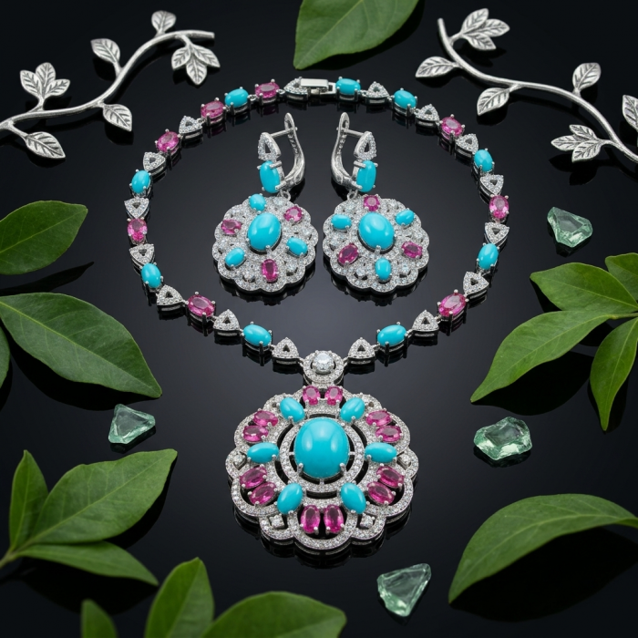 Art Deco - Pacifica - 68.4 carat Sleeping Beauty Turquoise Pink Tourmaline .925 Sterling Silver handmade Statement necklace; 18 inches long - Art Deco necklace and earrings set with turquoise and pink gems, top view