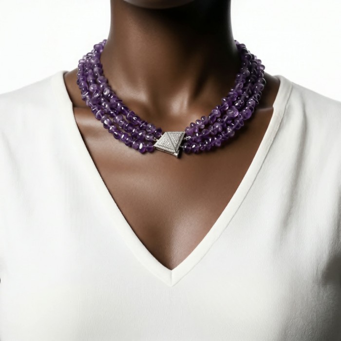 Oriental Beauty 178.2 carat Amethyst .925 Sterling Silver handcrafted Necklace - Amethyst necklace worn, front view, sterling silver clasp visible.