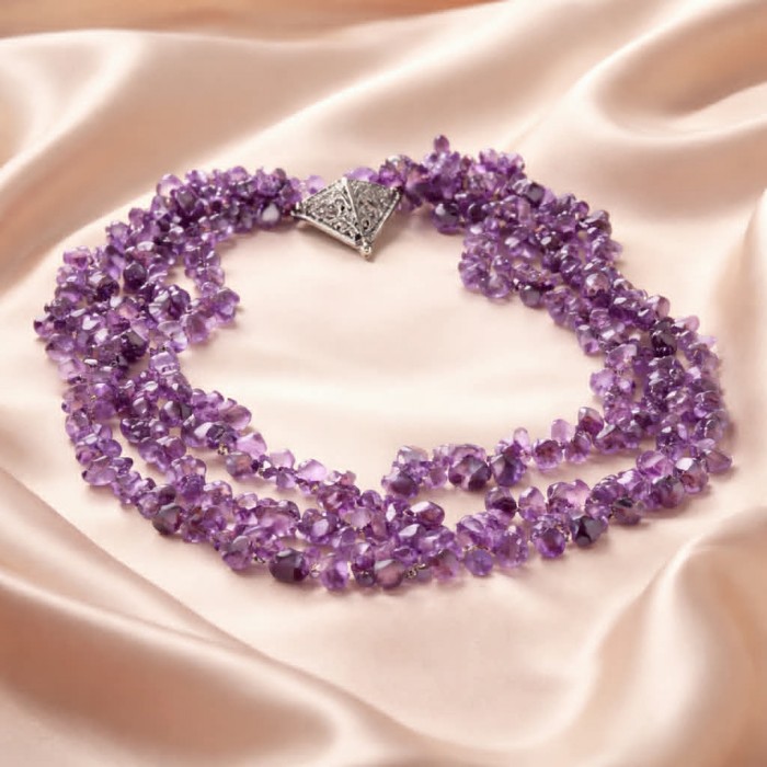 Oriental Beauty 178.2 carat Amethyst .925 Sterling Silver handcrafted Necklace - Amethyst necklace with sterling silver clasp displayed on silk fabric