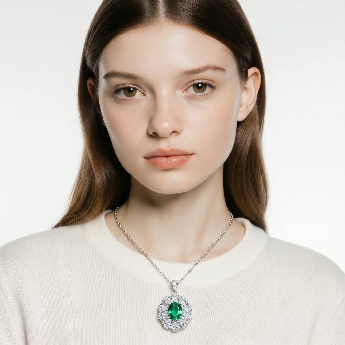 Wonderland 3.8 carat Apatite .925 Sterling Silver Handcrafted Statement necklace - Woman wearing Wonderland Apatite pendant necklace, front view.