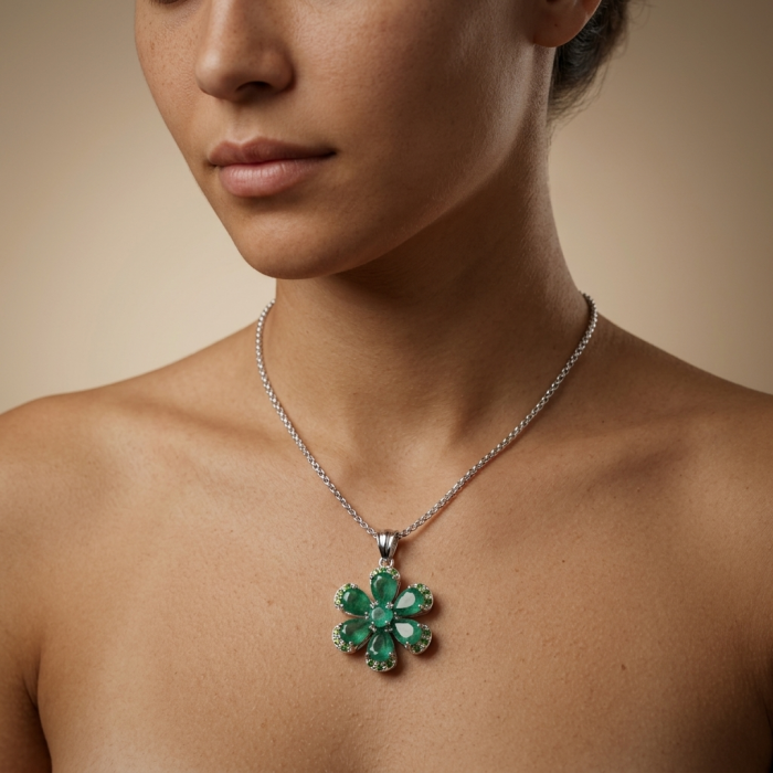 Amazonia - 18.8 carat Colombian Emerald .925 Sterling Silver handmade Statement pendant - Woman wearing Amazonia emerald pendant on sterling silver necklace.