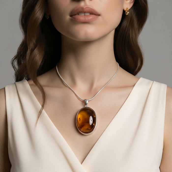 Prehistoric Authentic Baltic Amber .925 Sterling Silver beautifully handcrafted Pendant - Amber pendant on model, front view, sterling silver necklace