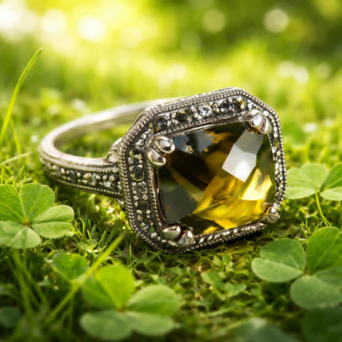 Exotic Beauty oval cut 22.5 carat Helenite .925 Sterling Silver dipped in Real Gold handmade Ring s. 9 - Close-up of Exotic Beauty Helenite ring on grass background