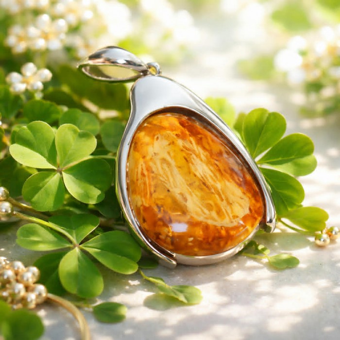 Sea Treasure Prehistoric Authentic Butterscotch Baltic Amber .925 Sterling Silver beautifully handcrafted Pendant - Stone close-up of butterscotch Baltic amber pendant on green leaves.